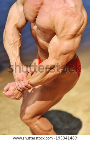 Stron man torso. Bodibuilder portrait closeup