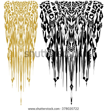 Animal pattern print on a black background. Hand drawn illustration for textile design. Leo spots, tiger spotted, indian tribal stripes pattern. Boho chic artistic animal design