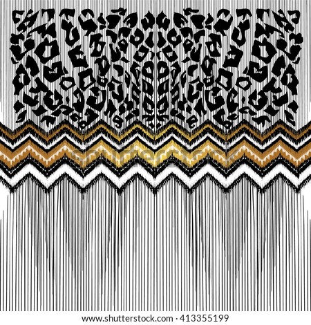 Black, white, gold illustration. Leopard spots, tribal decorative pattern. Hand drawn texture. Abstract mixed animal, geometric print. Art ethnic backdrop. Head scarf, neckerchief, textile, background