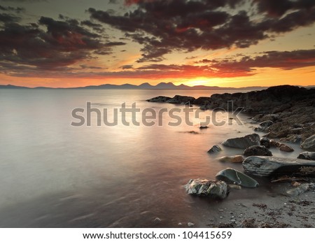Sunset over the mountains of Jura from the west coast of Kintyre, Scotland