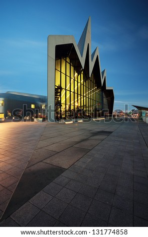 GLASGOW, SCOTLAND - JANUARY 01: the front of the Riverside Museum lit up at night on January 01, 2013 in Glasgow, Scotland.  The Riverside Museum opened in June 2011.