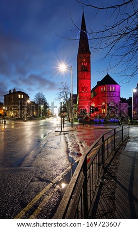 GLASGOW, SCOTLAND - DECEMBER 29: the arts & entertainment venue of Oran Mor reflecting on Great Western Road on December 29, 2013 in Glasgow, Scotland. Oran Mor opened in June 2004.