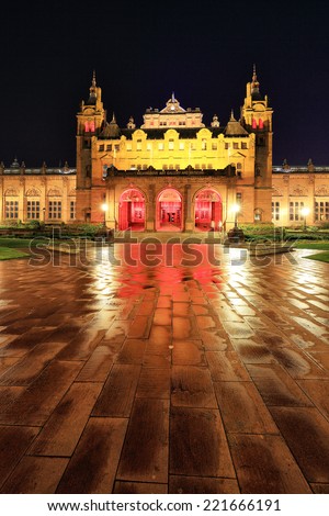 GLASGOW, SCOTLAND - OCTOBER 04: the Kelvingrove art gallery and museum lit up at night on October 04, 2014 in Glasgow, Scotland.