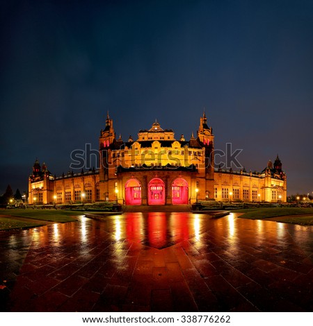 GLASGOW, SCOTLAND - NOVEMBER 07: the Kelvingrove art gallery and museum lit up at night on November 07, 2015 in Glasgow, Scotland.