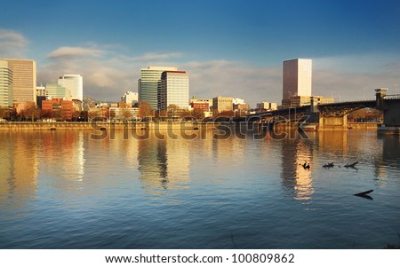 A Beautiful view of Portland downtown and the Reflection in Willamette  River