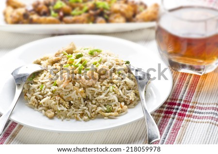 Yummy fried rice with cold drinks and fried baby corn