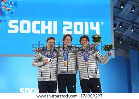 SOCHI RUSSIA - February 13TH: (L-R) Gus Kenworthy, Joss Christensen and Nick Goepper stand on the Olympic Podium in the Olympic park on February 13th, 2014 in Sochi, Russia.