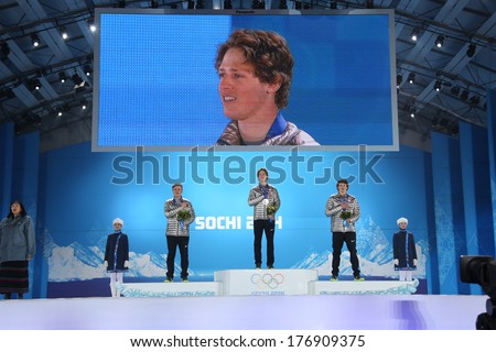 SOCHI RUSSIA - February 13TH: (L-R) Gus Kenworthy, Joss Christensen and Nick Goepper stand on the Olympic Podium in the Olympic park on February 13th, 2014 in Sochi, Russia.