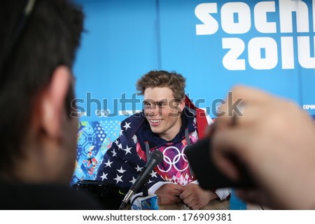 SOCHI RUSSIA - February 13TH: Gus Kenworthy talks to press after winning a silver Olympic medal in Slopestyle in Sochi on February 13th, 2014 in Sochi, Russia.