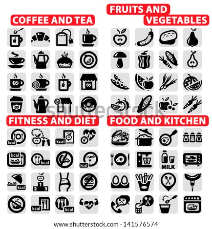 Elegant Vector Coffee and Tea, food, Fruits and Vegetables, Fitness and Diet Icons Set.