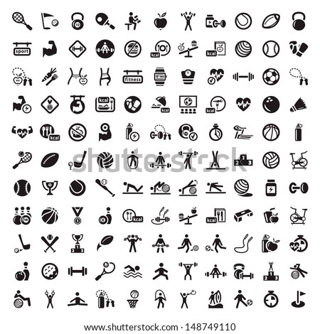121 Fitness and Sport vector icons for web and mobile. All elements are grouped.