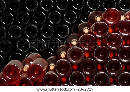 Bottles of wine stocked in a wine cellar.