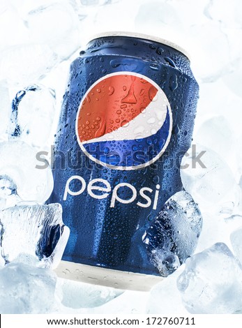 Hilversum, Netherlands - January 19, 2014: Pepsi Is A Carbonated Soft Drink Produced Pepsico. Created In 1893 And Introduced As Brad\'S Drink, It Was Renamed As Pepsi-Cola In 1898 Then To Pepsi In 1961