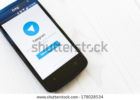 HILVERSUM, NETHERLANDS - FEBRUARY 21, 2014. Telegram Messenger is a free and partially open source cross-platform messenger with a focus on security founded in 2013 by brothers Nikolai and Pavel Durov