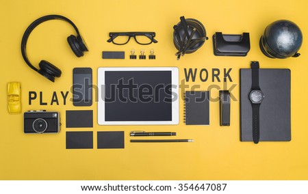 Creative black office items tablet hero header