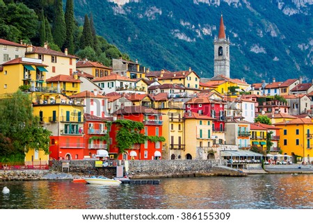 View of many color buildings in Varenna, Como lake, Italy.
