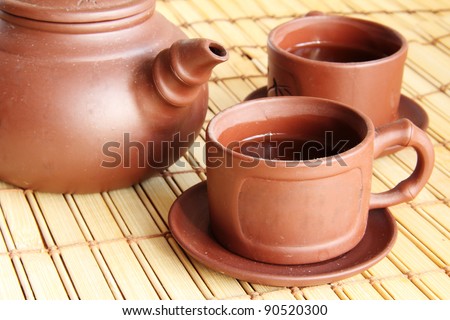 Chinese clay teapot, two cups and green tea