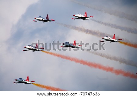 KECSKEMET, HUNGARY - AUGUST 8: Turkish stars  formation, flying in formation at International Air and Military Show August 8, 2010 in Kecskemet, Hungary
