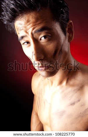 Boxer street fighter asian six-pack on Black Background