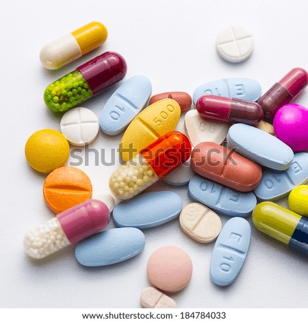 Diferent Tablets capsule pills mix heap pharmacy medicine medical therapy flu antibiotic