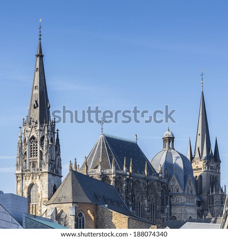 Aachener Dom Cathedral (in German: Kaiserdom) with St. Foillan parish Church in Aachen Germany, listed under the UNESCO world heritage sites