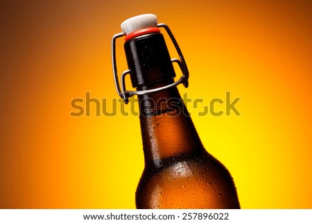 Cold beer bottle with dew drops
