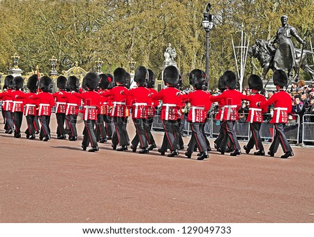 LONDON - APRIL 10: Her Majesty\'s Coldstream Regiment of Foot Guards, also known officially as the Coldstream Guards, performing the Changing of the Guards on April 10, 2012 in London, England.