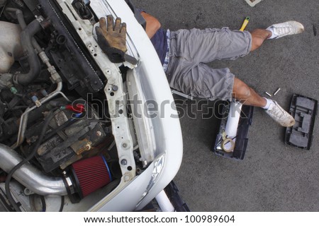 A do-it-yourselfer repairs his car/Man repairing his car/A man beneath his car does repair work.
