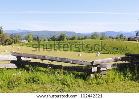 The Northshore Mountains overlooks farmland in British Columbia\'s Fraser Valley/Scenic Farmland/Farmland in British Columbia\'s Fraser Valley