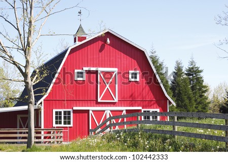 A bright red barn stands in the mid-day sun/Bright Red, Barn/A red barn in a rural area