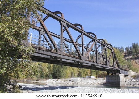 An inactive bridge that was once part of British Columbia\'s Kettle Valley Railway line/Historic Railway Bridge/An inactive  bridge that was once part of British Columbia\'s Kettle Valley Railway line