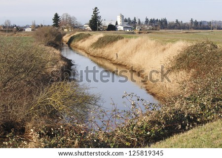A long, winding irrigation channel supplies plenty of water for crops during the growing season/Canal in Rural Area/An irrigation channel supplies water for crops during the growing season.