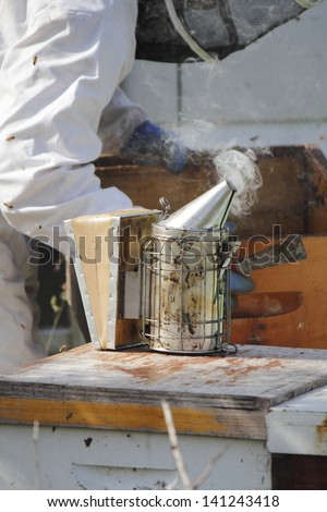 A bee smoker or fogger used to sedate agitated honey bees/Sedating Agitated Bees/A bee smoker or fogger used to sedate agitated honey bees