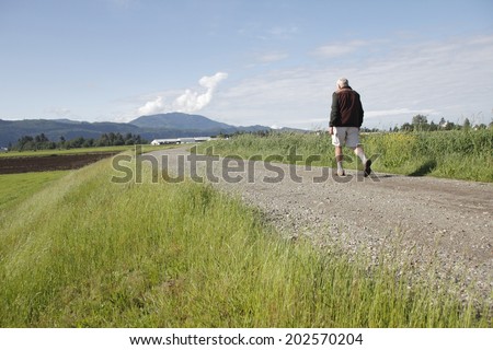 A man walks on a dike that protects farm land from flooding/Man Walking Dike/A man gets his daily exercise walking a rural dike.