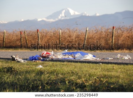 Garbage is strewn on a rural Washington road near Mount Baker/Garbage and Mount Baker/Garbage is strewn on a rural Washington road near Mount Baker.