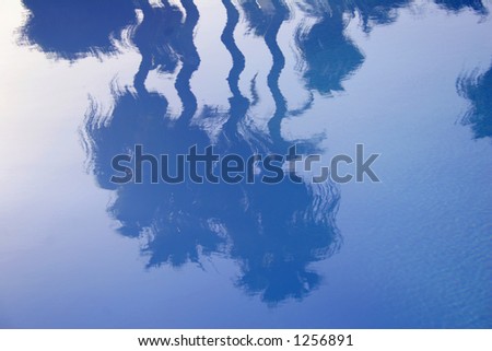 Peaceful reflection of palm trees in pool of water by moonlight