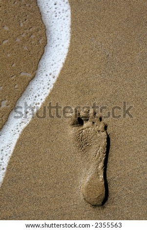 Single footstep on golden sand beach with foamy wave