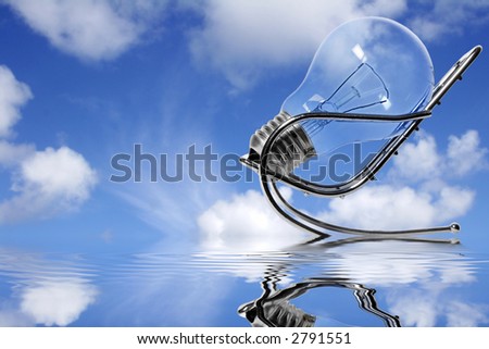 Lightbulb in chair with blue sky and reflection