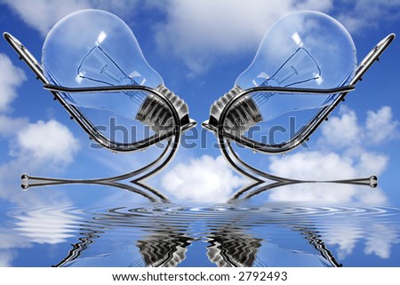 Two lightbulbs in chairs facing each other with blue sky background