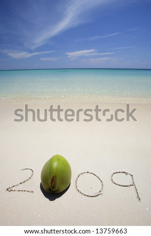 2009 written in the sand with a coconut as a zero