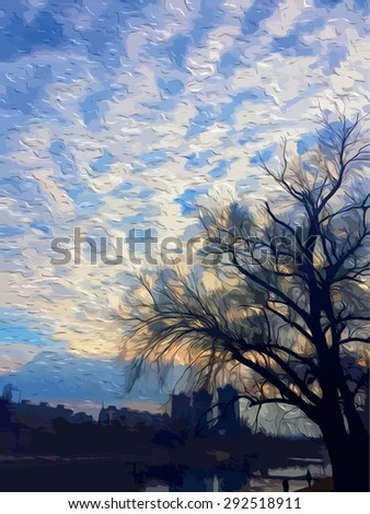Evening landscape with tree near the river and the city at sunset