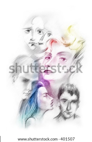 Different people\'s faces - colored hand drawn sketch
