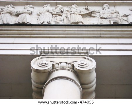 Justice Hall with  ionic columns and decoration of white marble. Historic building