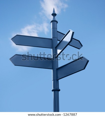 Street-sign in the city, 5 directions, sky. Isolated. Clipping path