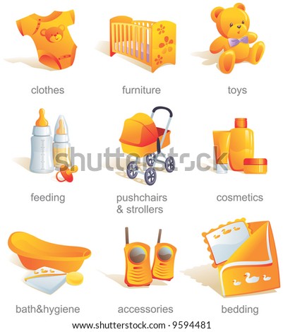Baby Clothes  Accessories on Stock Vector   Icon Set   Baby Shopping  Clothes  Furniture  Toys