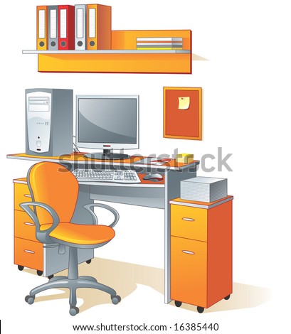 stock vector : Desk, computer, chair, files - office furniture and supplies.