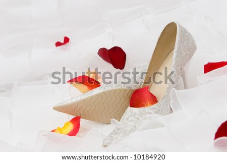 decorated shoes and red rose and tulip petails on the wedding dress