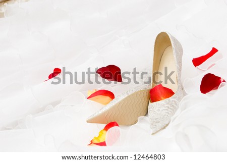 white decorated shoes and red rose and tulip petals on the wedding dress