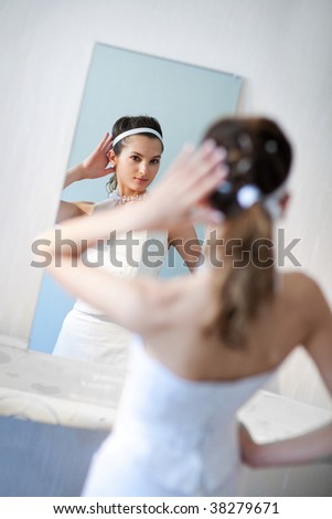 face of the bride in the mirror