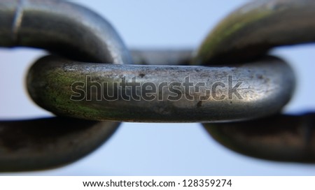 Close up of chains linked, with blue sky background